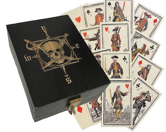 Engraved Compass Rose and Skull Antiqued Vintage Solid Mango Wood Box Reproduction with Pirate Themed Playing Cards