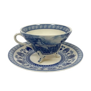 5-1/2" Liberty Blue/White Transferware Porcelain Tea Cup and Saucer - Antique Reproduction