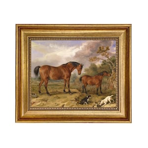 Zwei Pferde mit Hunden und Kaninchen Eingerahmt Ölgemälde Druck auf Leinwand, Pferdesport Wandkunst, englisches Landhaus Dekor, Vintage Pferdedruck