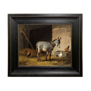 Donkey and Chickens Framed Oil Painting Print on Canvas, Farm Animal Print, Rustic Farmhouse Art, Vintage Donkey Art