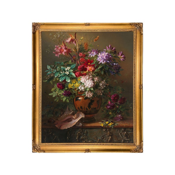 Allegory of Spring Dutch Floral Still Life Oil Painting Print on Canvas in Antiqued Gold Wood Frame- A 16" x 20" Print, Framed to 18" x 20"