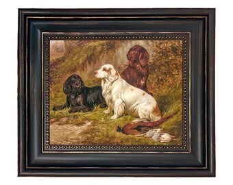 Spaniels at Rest by Colin Graeme Hunting Dog Framed Oil Painting Print on Canvas in Distressed Black Frame with Bead Accent