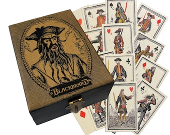 Blackbeard Engraved Wood Box with Pirate Playing Cards