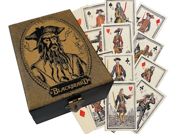 Pirate Blackbeard Edward Teach Engraved Wood Box with Pirate-Themed Playing Cards, Pirate Gift, Pirate Decor, Pirate Birthday Party