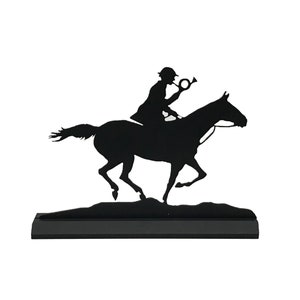 May include: Black metal silhouette of a rider on horseback blowing a horn. The silhouette is mounted on a black base.