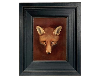 Fox Head by Reinagle Framed Oil Painting Print on Canvas in Distressed Black Frame