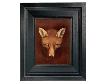 Fox Head by Reinagle Framed Oil Painting Print on Canvas in Distressed Black Frame