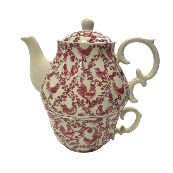 6-3/4" Red Rooster Stacked Transferware Porcelain Teapot and Cup for One Antique Reproduction