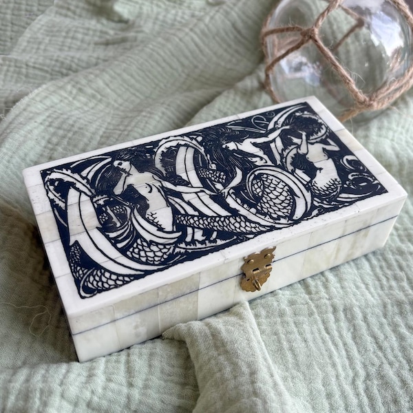 6-1/4" Mermaids Engraved Bone Box with Hinged Lid, Antique Reproduction, Mermaid Decor