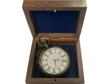 Montre de poche en laiton vieilli avec boîte en bois de 3-1/4" - Style vintage antique