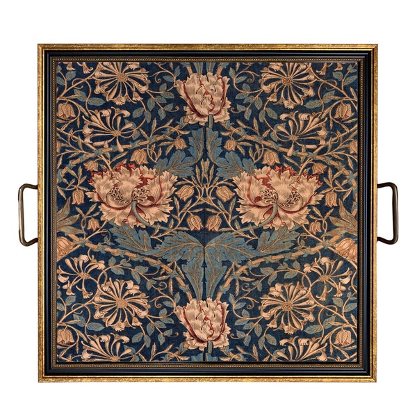 William Morris Honeysuckle Decorative Tray with Brass Handles in 2 Sizes, Coffee Table Tray, Ottoman Tray, Arts & Crafts, Blue, Decor