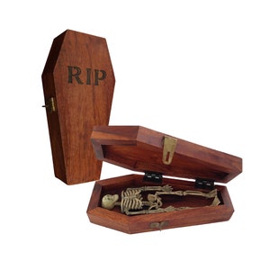 Wood Coffin Box with Skeleton RIP Antique Vintage Reproduction Gothic Trinket Halloween Home Decor Party Gift Prop