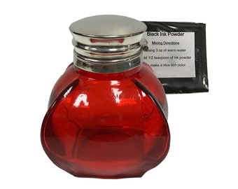 Red Square Bubble Inkwell and Ink, Calligraphy Supplies, Antique Style Office Decor