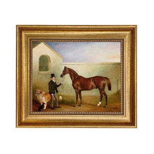 Ashton Being Held Framed Oil Painting Print on Canvas in Antiqued Gold Frame, Equestrian Wall Art, Antique Style Wall Art, Vintage Print