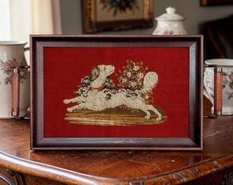 Hunting Spaniel Needlepoint Wood and Glass Tray, English Country Decor