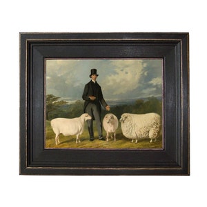 Three Sheep Framed Oil Painting Print Reproduction on Canvas in Distressed Black Wood Frame