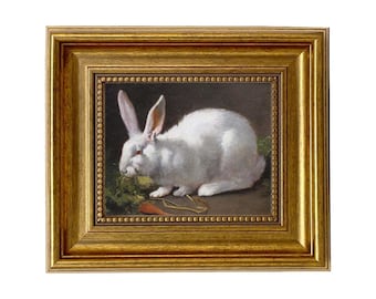 Framed White Rabbit Oil Painting Print, Vintage Easter Wall Art, Spring Decor