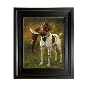 English Pointer Hunting Dog with Pheasant Framed Oil Painting Print on Canvas, Hunting Dog Art, Vintage Bird Dog Print, Hunting Cabin Art