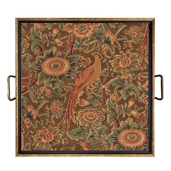 Plateau décoratif en tissu imprimé faisan et fleurs en 2 tailles, style ancien, plateau pour table basse, plateau ottoman, oiseaux, marron, vert, décoration