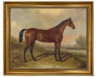 Hunter In a Landscape After William Barraud Framed Oil Painting Print on Canvas, Equestrian, Horse, Wall Art, Decor