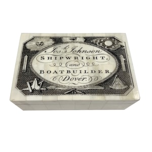 Printed. Jos H. Johnson Shipwright and Boat Builder Dover Bone Box with Removable Lid, 5-1/4&quot; x 3-1/4&quot; x 2&quot;