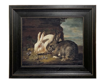 Pair of Rabbits Oil Painting Print Reproduction On Canvas in Distressed Black Solid Wood Frame