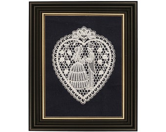 Stampa con centrino a forma di cuore incorniciato: regalo romantico per San Valentino, arredamento antico