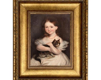 Meisje met kat ingelijste canvasprint, antiek portret, decoratie kinderkamer, vroege Amerikaanse muurkunst
