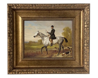 A Huntsman with Horse and Hounds by Adam Emil Framed Oil Painting Print on Canvas in 3-1/4" Wide Antiqued Gold Frame