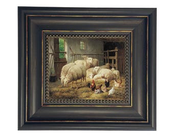Framed Sheep and Chickens Canvas Print, Farmhouse Style Wall Art