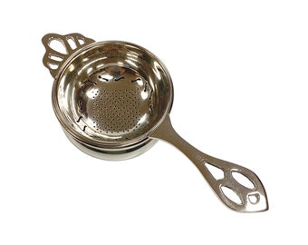 Nickel Plated Tea Strainer with Catch Bowl- Antique Vintage Style