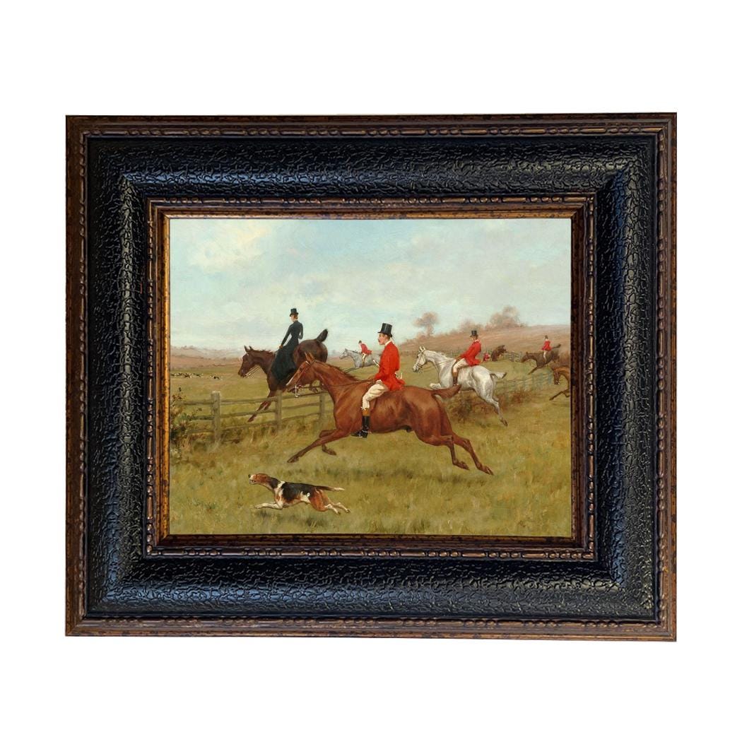 The Chase Framed Oil Painting Print on Canvas, Vintage Fox Hunt