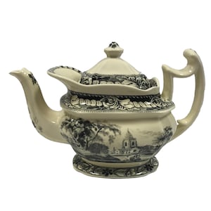 11&quot; Pond Fishing Transferware Porcelain Teapot, Antique Reproduction, Tea Lover, Tea Drinker, Antique Style Decor, Mother&#39;s Day Gift