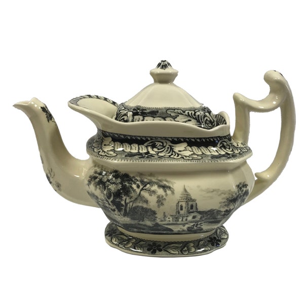 11" Pond Fishing Transferware Porcelain Teapot, Antique Reproduction, Tea Lover, Tea Drinker, Antique Style Decor, Mother's Day Gift