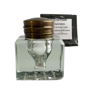 Cut Glass Inkwell with Antiqued Brass Lid and Black Ink Powder