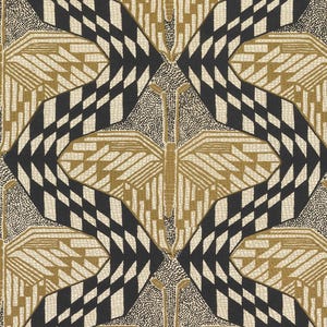 May include: Geometric pattern featuring a symmetrical design with butterfly-like shapes. The pattern uses black, tan, and off-white colors. The design includes diamond shapes, dotted areas, and linear elements, creating a visually complex and artistic composition.
