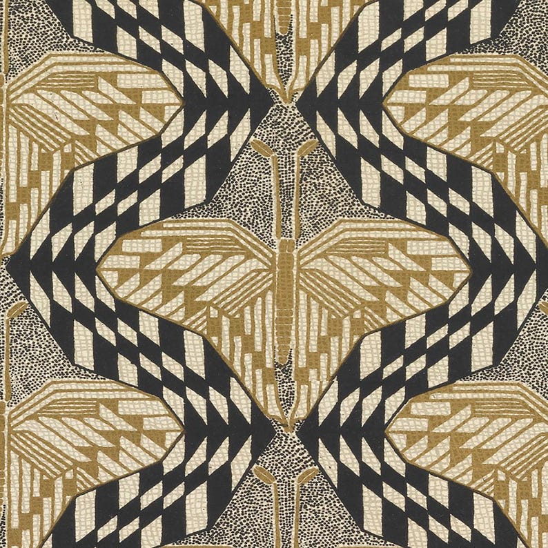 May include: Geometric pattern featuring a symmetrical design with butterfly-like shapes. The pattern uses black, tan, and off-white colors. The design includes diamond shapes, dotted areas, and linear elements, creating a visually complex and artistic composition.