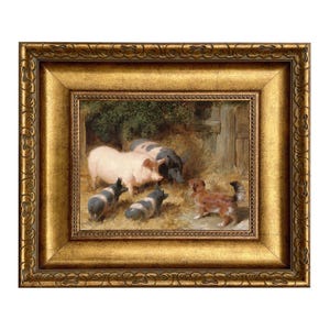 May include: A framed painting depicts a pastoral scene with pigs and a dog. The pigs are pink and black, gathered near a wooden structure. A reddish-brown dog stands in the foreground. The frame is ornate, with a gold finish.