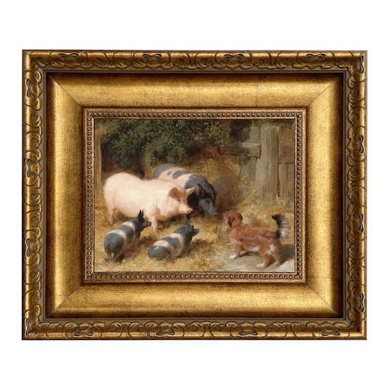 Framed Pigs and Dog Canvas Print, "Pigs Barnyard Gossip", Farm Animal Wall Art