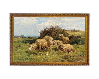 Ingelijste canvasprint schapen op het platteland, boerderijmuurkunst, landelijk decor