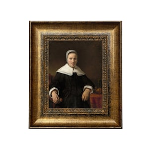 Dutch Woman Holding a Flower Framed Oil Painting Print on Canvas, Moody, Dark, Gallery Wall, Moody Portrait, Wall Art, Decor