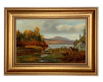 Framed Deer in Autumn Landscape Canvas Print, Vintage Style Fall Wall Art
