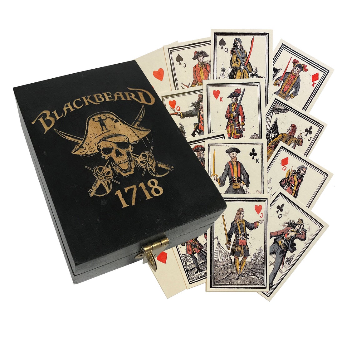 Engraved Pirate Blackbeard 1718 Black Wood Box With Pirate Playing