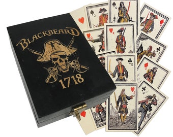 Engraved Pirate Blackbeard 1718 Black Wood Box with Pirate Playing Cards- Antique Vintage Style