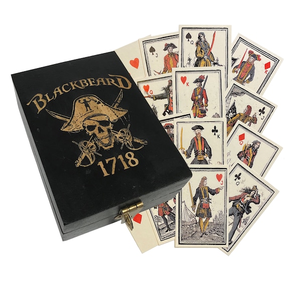 Engraved Pirate Blackbeard 1718 Black Wood Box With Pirate Playing