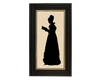 Bonita Reading a Book Framed Paper Cut Silhouette, Colonial, Primitive, Literary, Library Wall Art, Decor