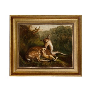 Pintura al óleo enmarcada de ciervo y cervatillo, impresión sobre lienzo, arte de vida silvestre, impresión enmarcada de vida silvestre, impresión vintage de ciervo, arte de pared de galería, decoración de cabañas