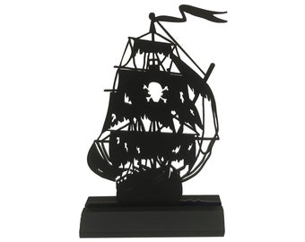 Bateau Pirate en perles noires, Silhouette en bois debout, décoration de table pour fête de Pirate d'halloween, Sculpture