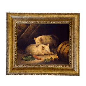 May include: An antique framed painting depicts two light-colored pigs in a barn setting. One pig is lying down, while the other rests on top. A carrot and other vegetables are in the foreground. A wooden barrel is visible in the background.