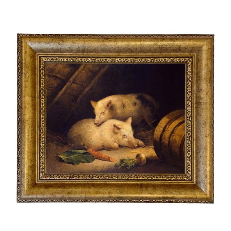 May include: An antique framed painting depicts two light-colored pigs in a barn setting. One pig is lying down, while the other rests on top. A carrot and other vegetables are in the foreground. A wooden barrel is visible in the background.